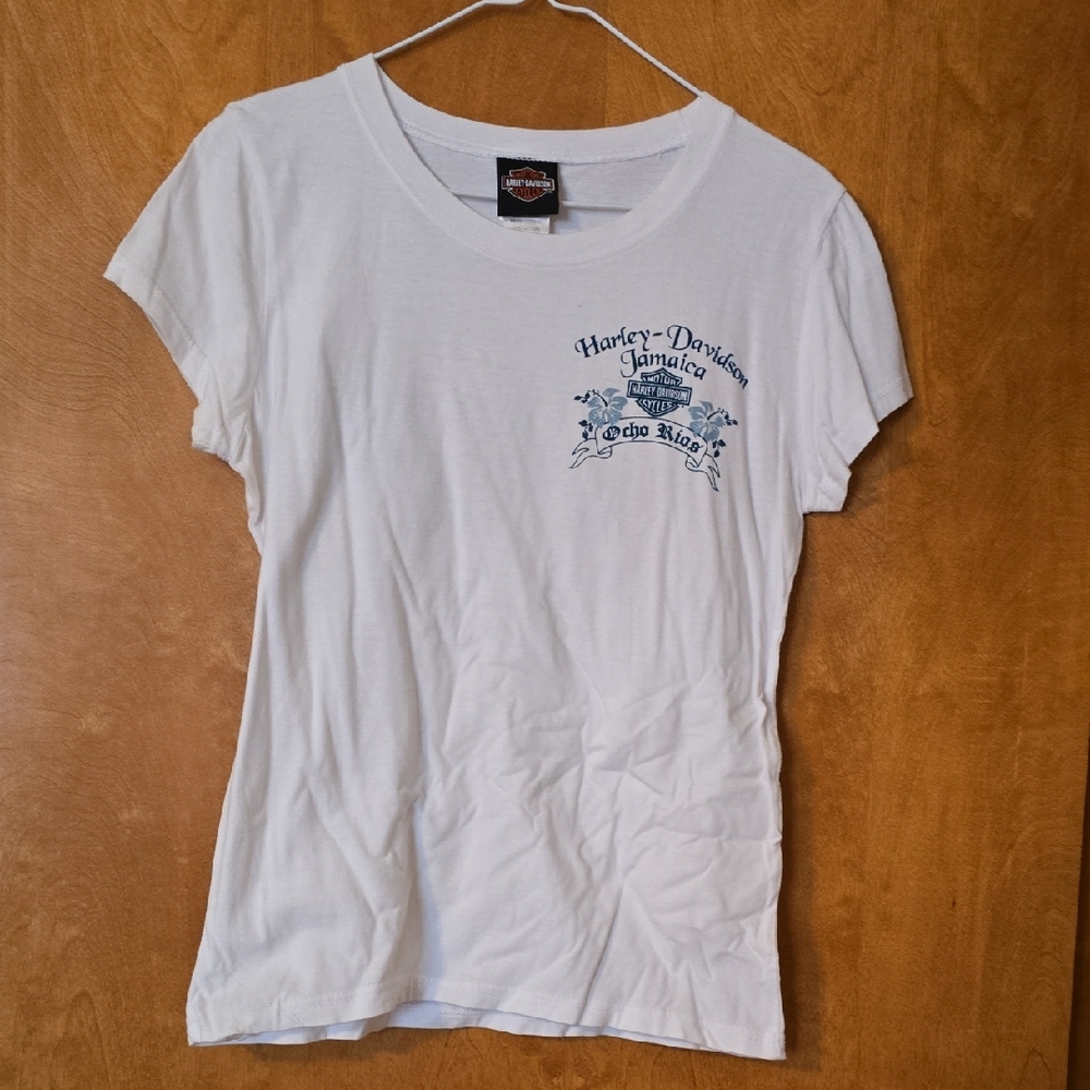 Harley-Davidson Women's White and Blue Graphic Tee Size Large